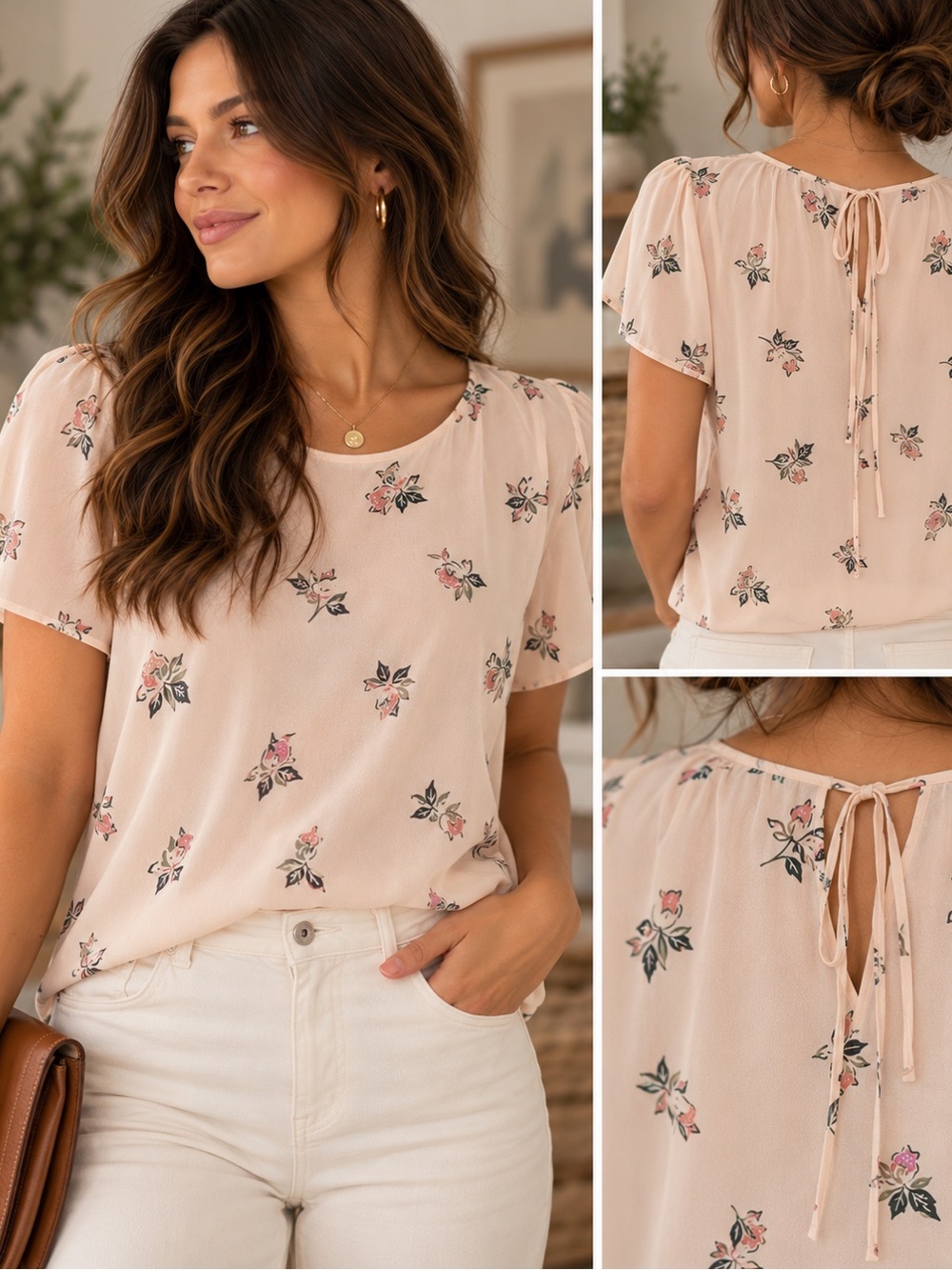 LOFT Blush Floral Tie-Back Short Sleeve Top